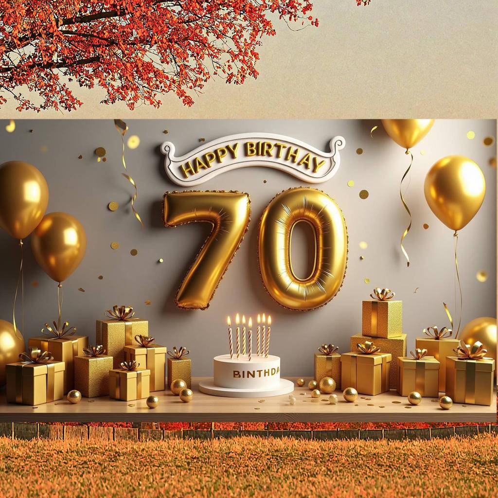 Golden Birthday Display Golden Theme Senior Party Backdrop Birthday Party Background Metallic Balloons 70th Anniversary Banner