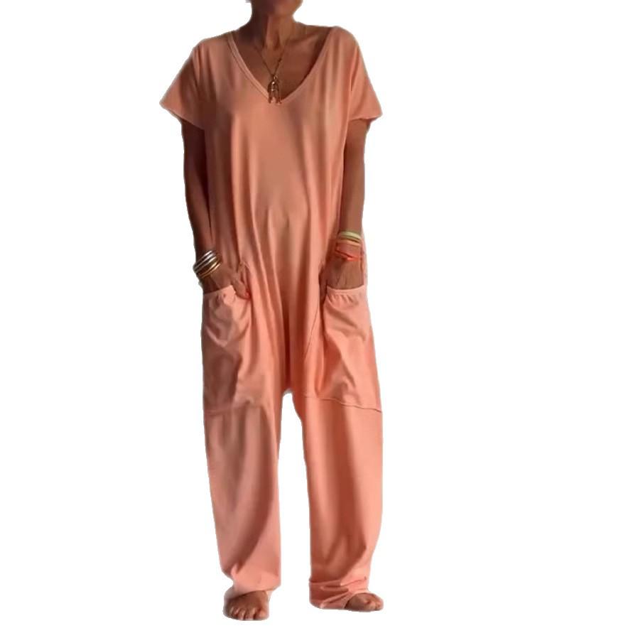 2026 Spring/Summer Women's Solid Color Low Crotch Jumpsuit with Large Pockets - Elegant, Europe/America Style