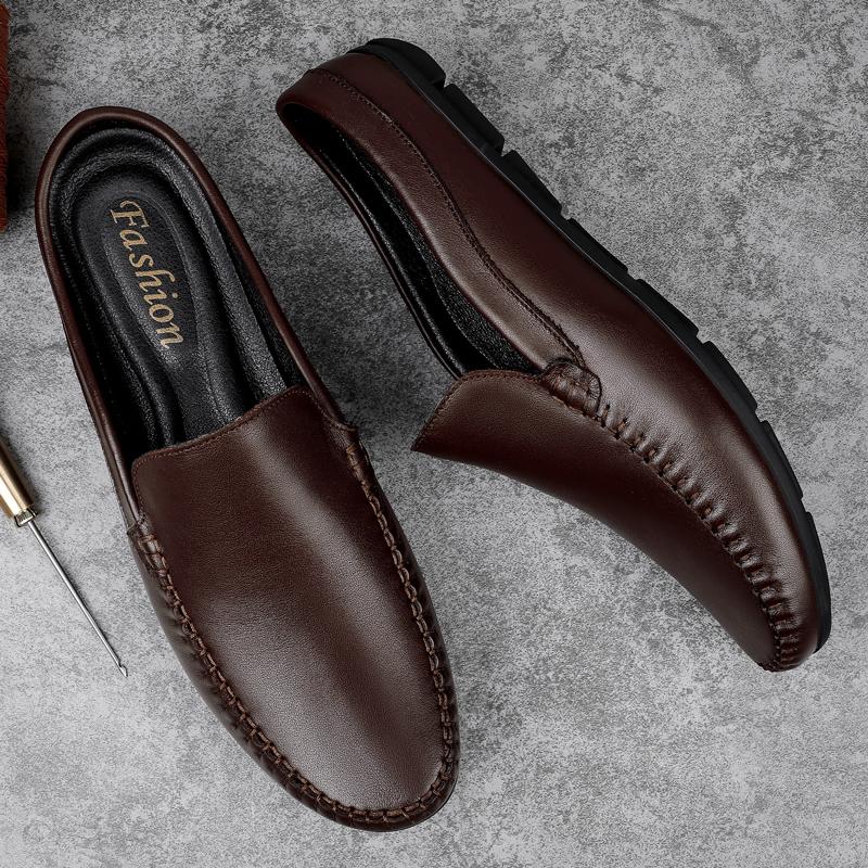 New Men Casual Genuine Leather Classic Boat Shoes Half Loafers Shoes High Quality Half Slipper Flat Lazy Shoes Men Muller Shoes