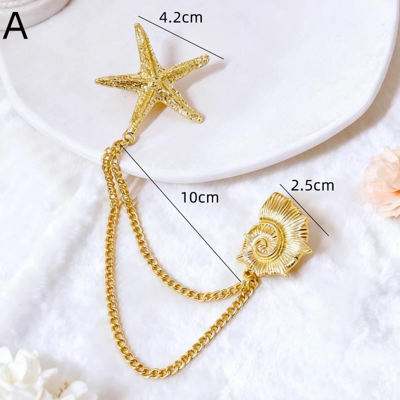 Starfish And Conch Shape Collar Chain Brooch Tassel Brooch Shirt Collar Decoration Button Needle Fit Daily Wear