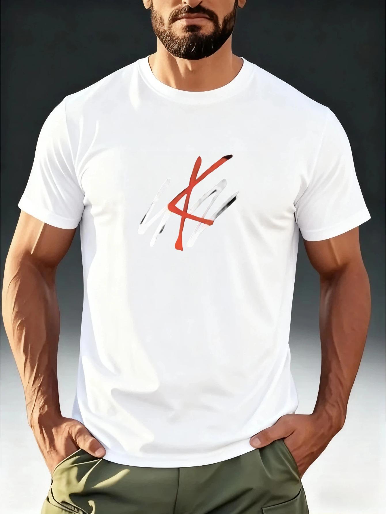 Men S Fashion T-Shirt with a Creative Graffiti Theme Featuring Red And White Striped Graffiti L