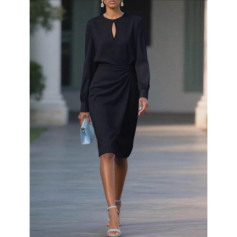 2025 European and American Autumn Temperament Solid Pleat Waist Hugging round Neck Cut-out Dress Women clothes