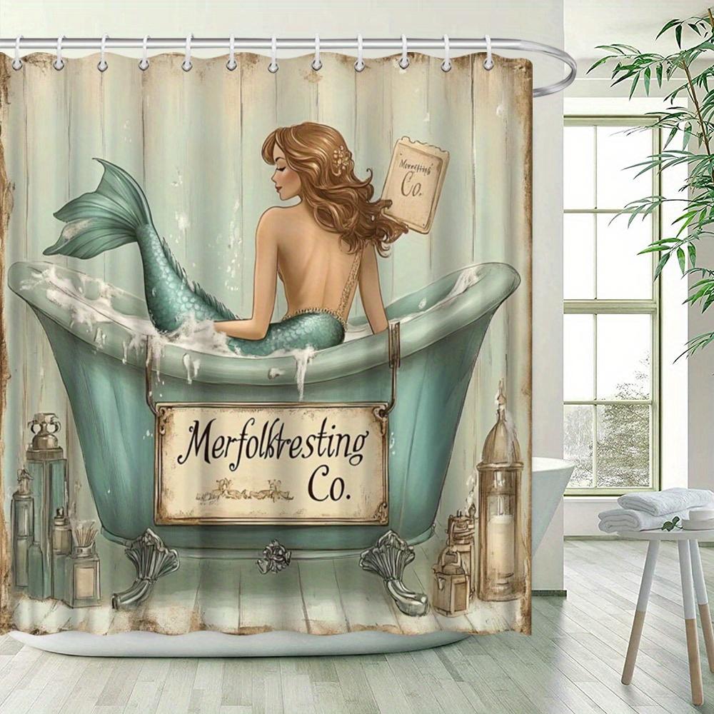 Mermaid Shower Curtain - Watercolor Merfolk & Vintage Tub Design, Colorful Fantasy Scene, Water-Resistant Polyester
