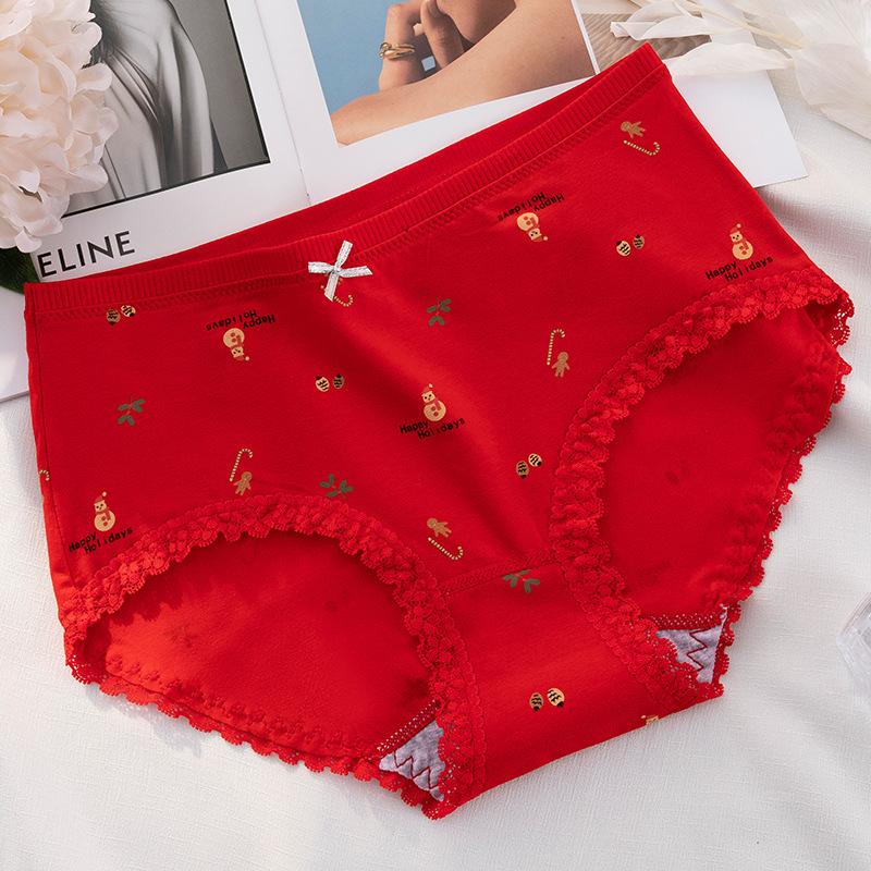 Cotton Fresh Women's Underwear Printing Cute Mid Rise Underwear Elastic Lace Edge Traceless Triangle Pants