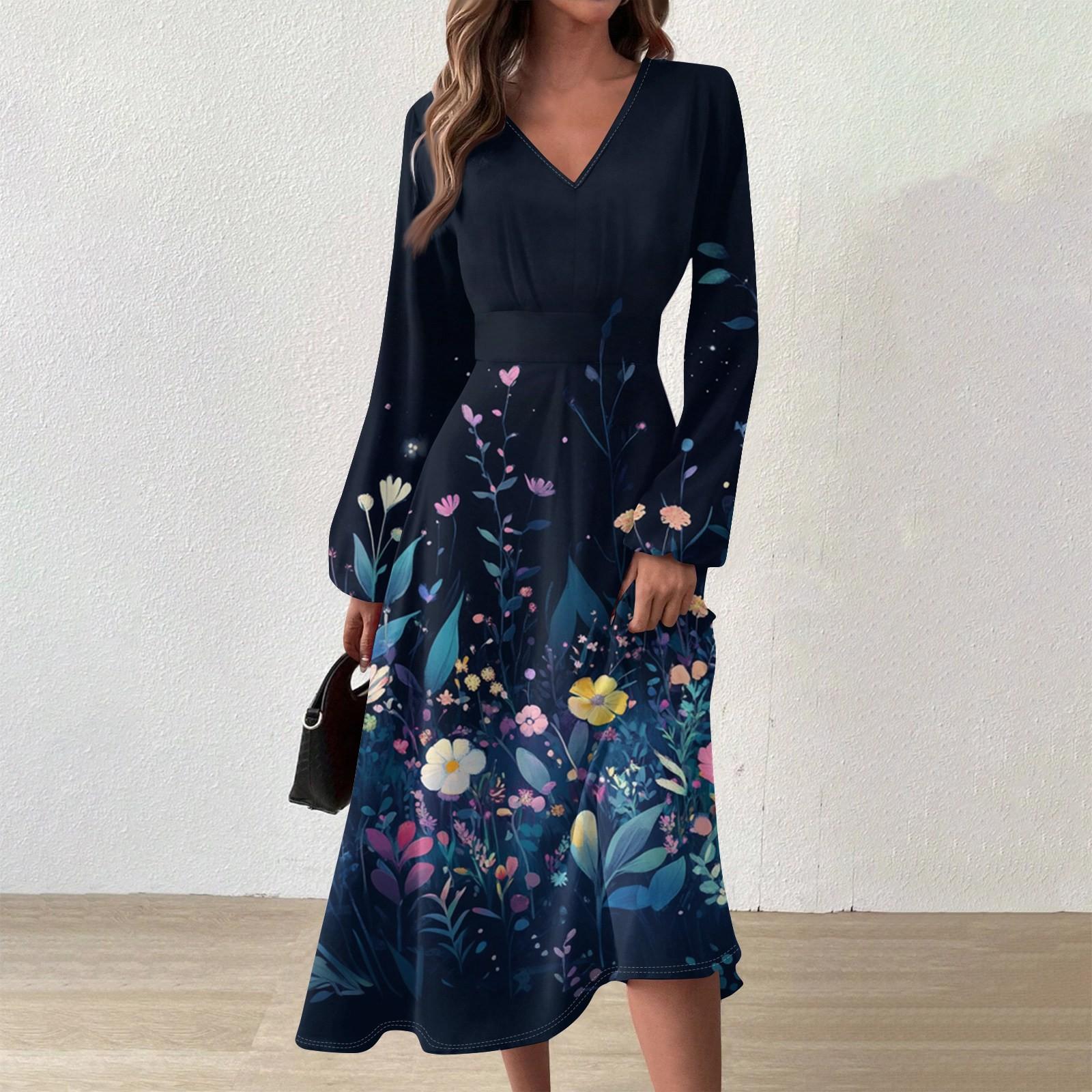 

Женское повседневное модное длинное платье с V-образным вырезом и длинным рукавом с цветочным принтом XXL