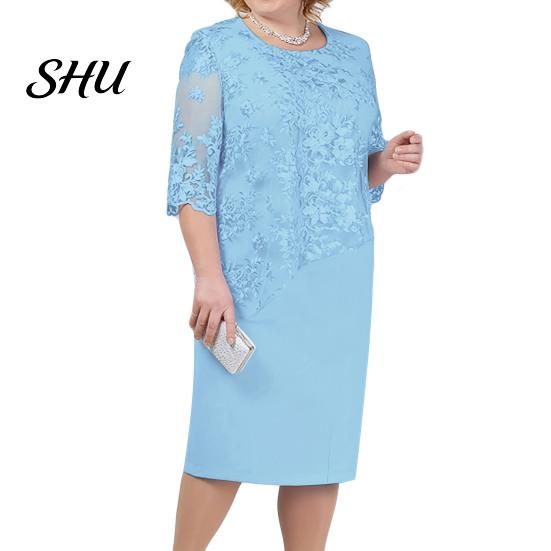 Abito con Maniche a Metà Donna Taglie Forti Ballo Scollo Tondo Manica a Metà Ricamo Pizzo Scollo Rotondo Patchwork Floreale Finto Due Pezzi Festa di Matrimonio Grande