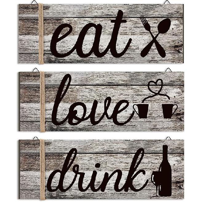 Jetec 3 Pcs Farmhouse Kitchen Wall Decor Rustic Wooden Home Eat Drink Love Sign with Hanging Hole for Home Dining Living Room Bar Cafe Decor(Vivid