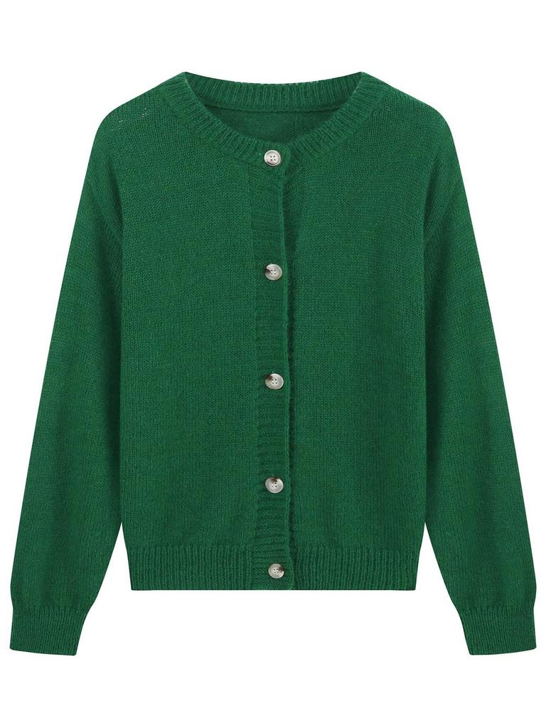 2026 Green Knit V-Neck Cardigan: European & American Style, Long-Sleeve, Versatile for Spring & Autumn