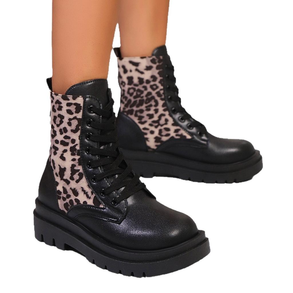 Leopard Lace-Up Martin Boots Winter Women's Large Size Skinny Platform Boots 43