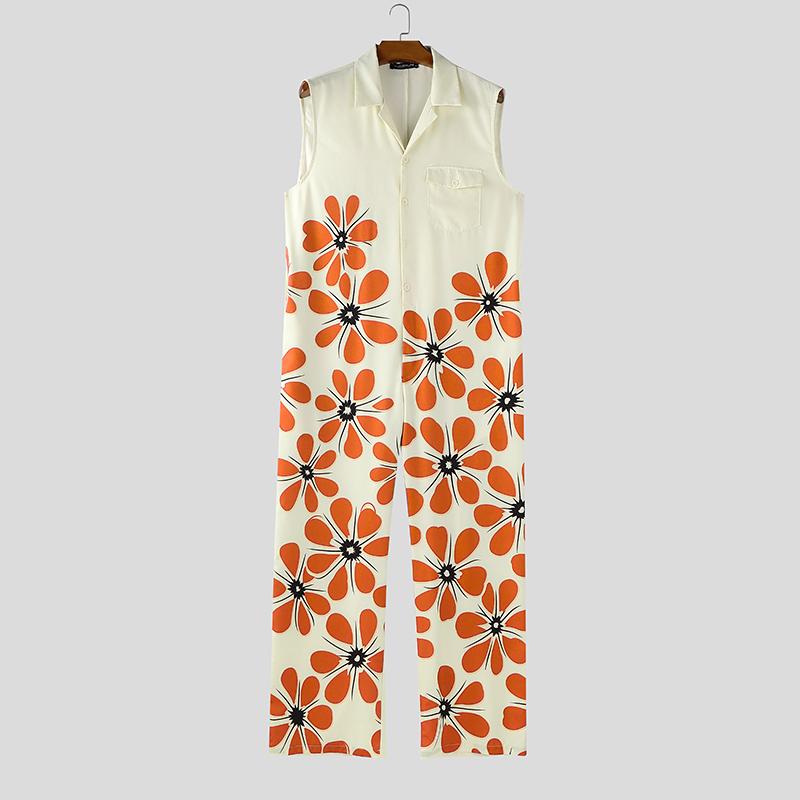 

INCERUN Men Lapel Neck Floral Print Casual Button Up Long Rompers Jumpsuits S оранжевый