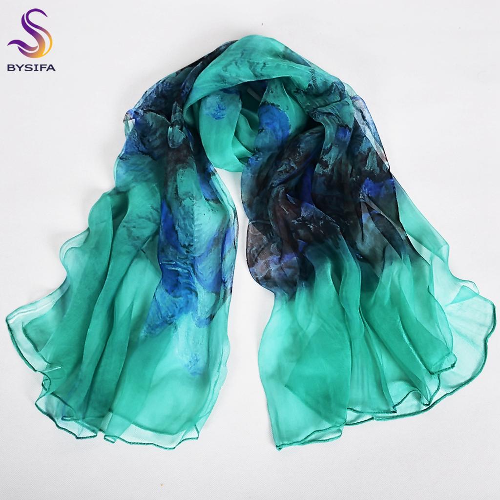 [BYSIFA] Emerald Green Women Long 100% Silk Scarf Printed Chinese Style Water Ink Painting Brand Oblong Silk Shawl Scarves 170cm