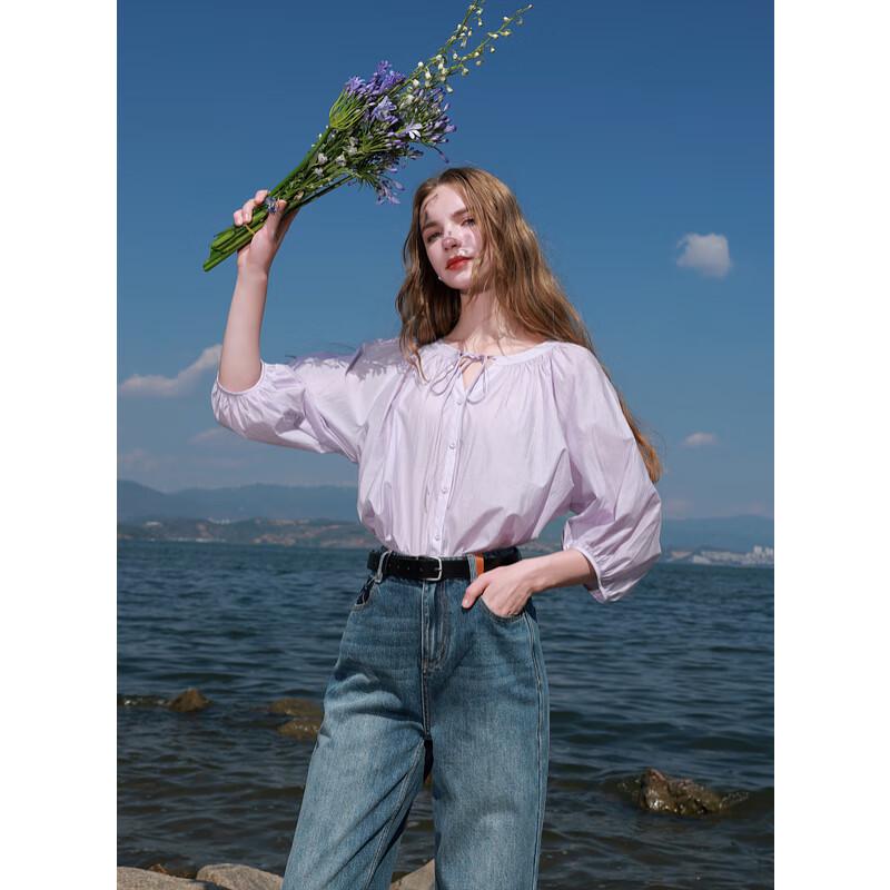 Sancai 2025 Autumn Textured Seven-Quarter Sleeve Loose Blouse with Tie-Waist L