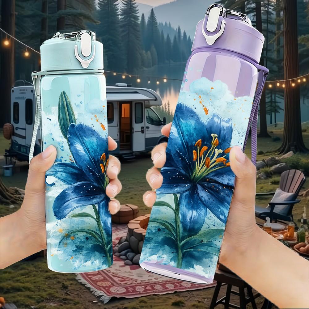 1PC Blue Poppy Watercolor Flower Pattern 750ml Color Plastic Sports Water Bottle Leakproof Flip Straw Lid Suitable for Sports Office Home Use