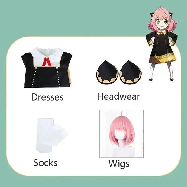 Halloween X Familie Anya Cosplay Kostuum Kinderen Volwassenen Zwarte Jurk Kawaii Meisjes Dames Jurk Roze Pruik Feest Rolspel Outfits 150 blue