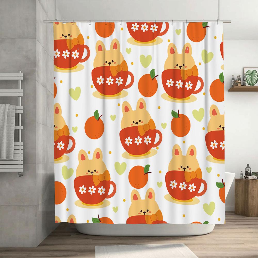 Adorable Rabbit Cup Tea Party Orange Shower Curtain Decorative Home Bathroom Liner Set with Hook (White Orange)