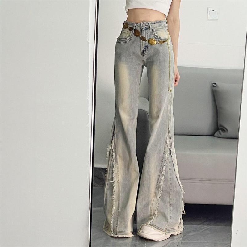 

Vintage Micro-flare Jeans Female Annual Spring and Autumn Design Sense Raw Edge Splicing Slim and Thin Trousers Jeans for Women Long Denim Pants XS