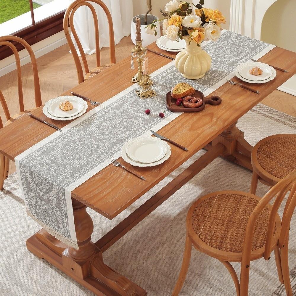 Retro Nordic Style Table Runner with Tassel Waterproof Table Cloth Washable Polyester Table Cover Living Room