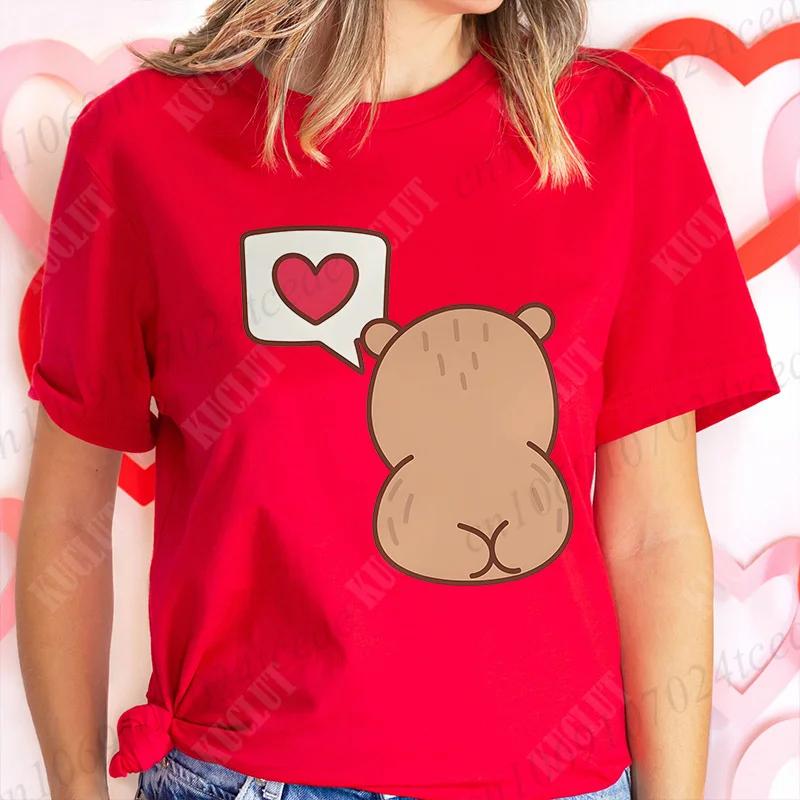 Love Heart Capybara Female Clothing Casual Tshirt Women Summer Harajuku Shirts Cute Graphic Tops Fashion Valentines Day Tees