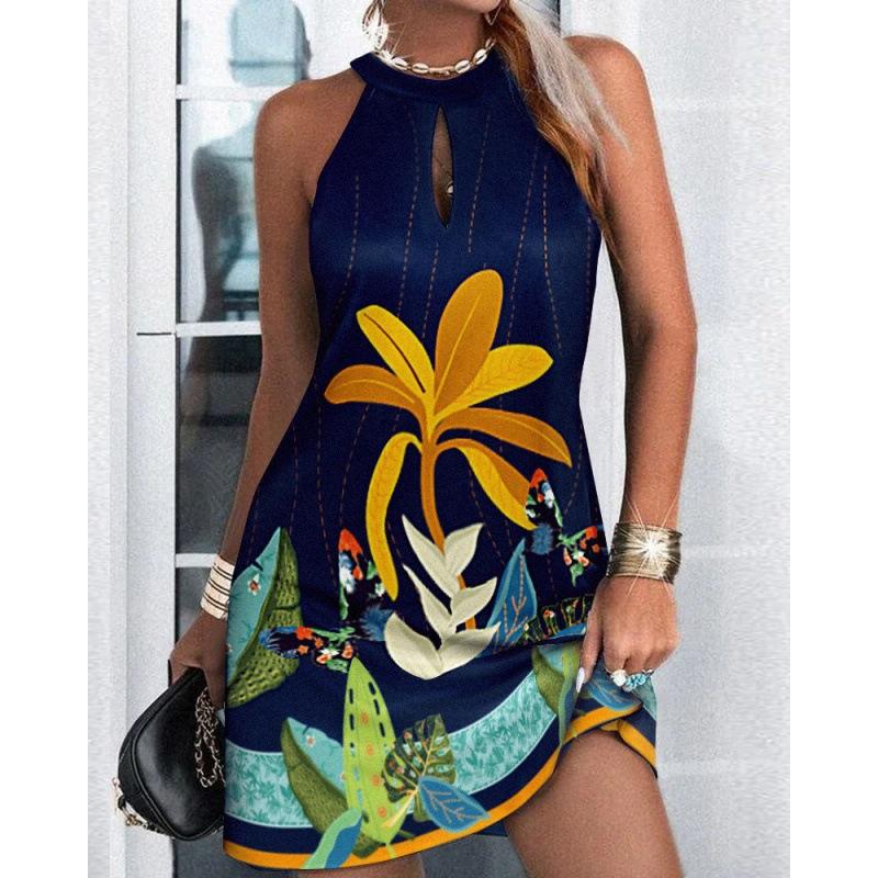 Women's Halter Neck Floral Print Mini Dress Sleeveless Slim Fit Dress