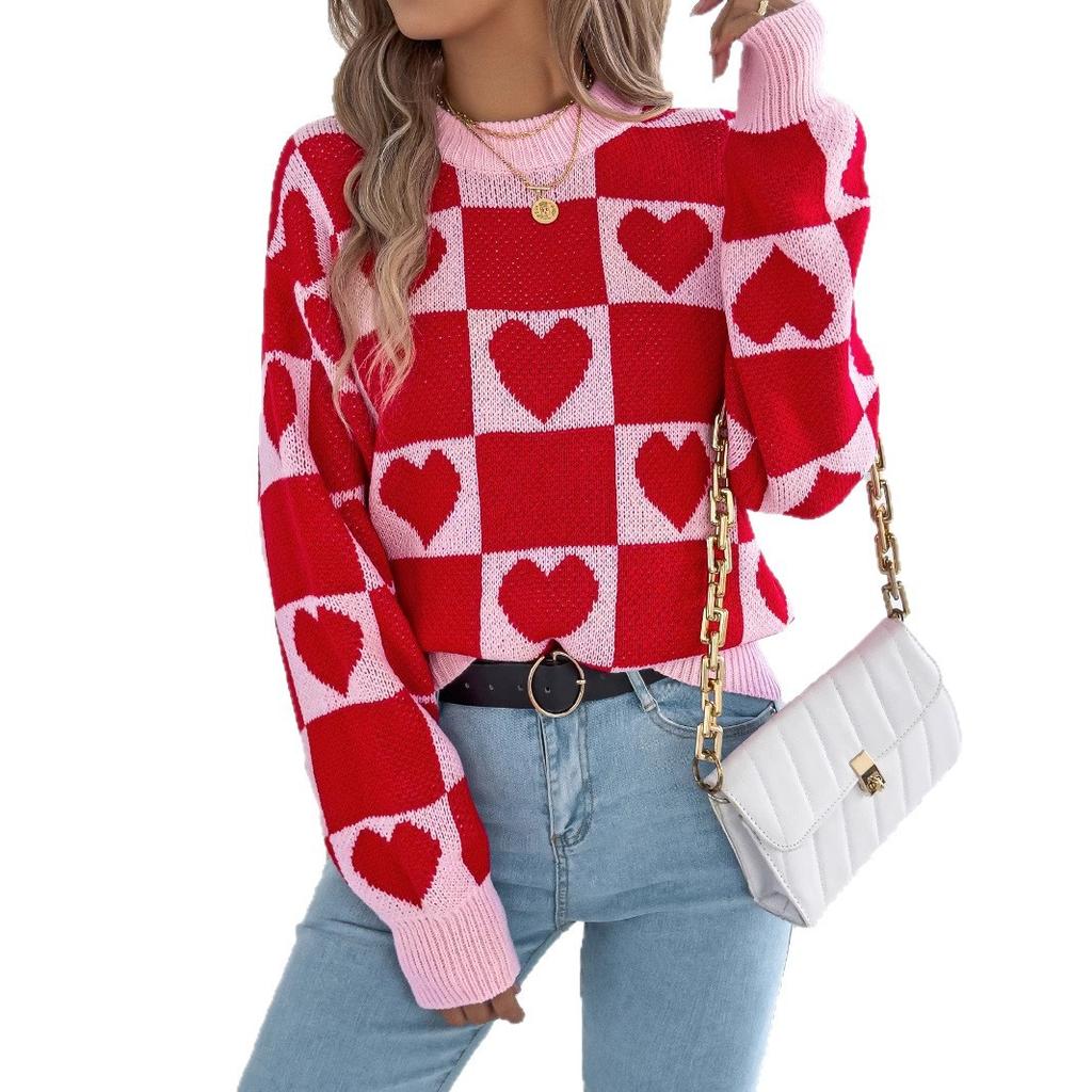 Autumn and Winter Checkered Heart-shaped Lantern Sleeve Pullover Sweater for Valentine's Day Women's Clothing
