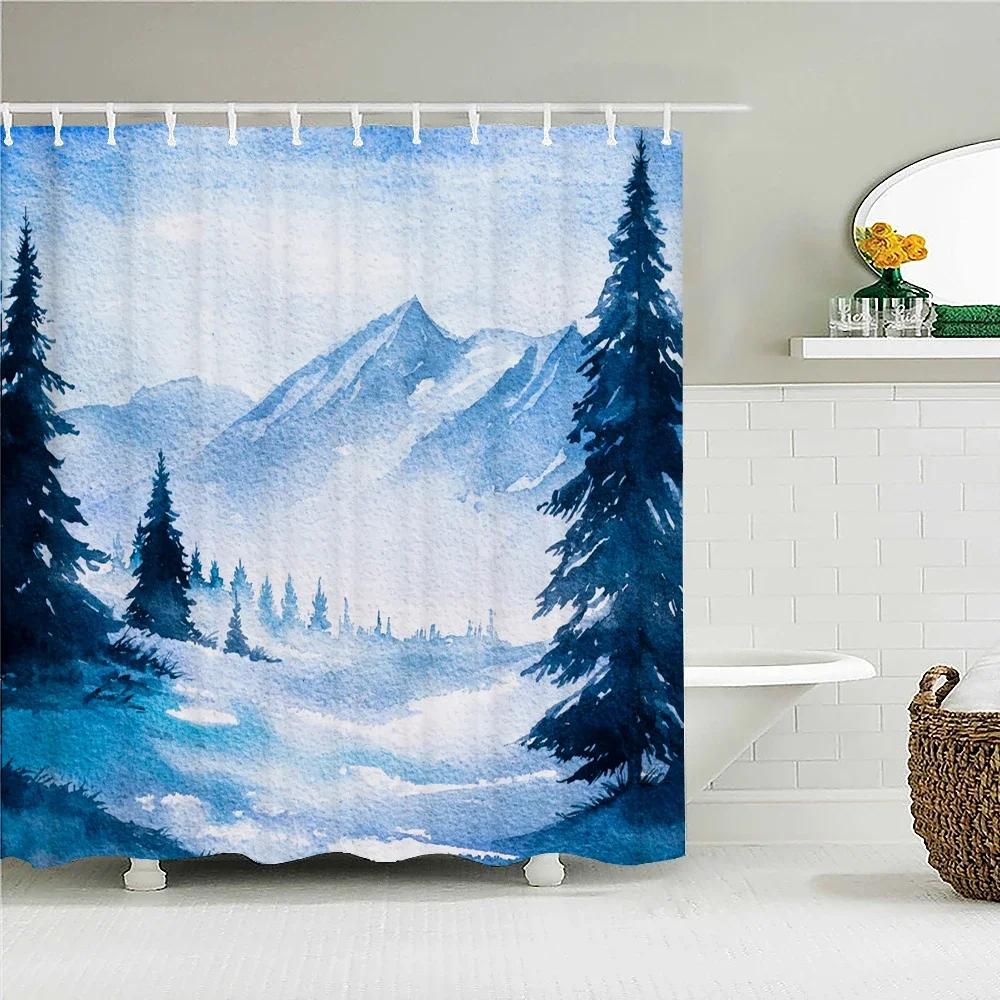 Winter Forest Shower Curtains Snow-covered Pine Alpine Peaks Idyllic Early Morning Scenery Seasonal Christmas Elk Bathroom Decor