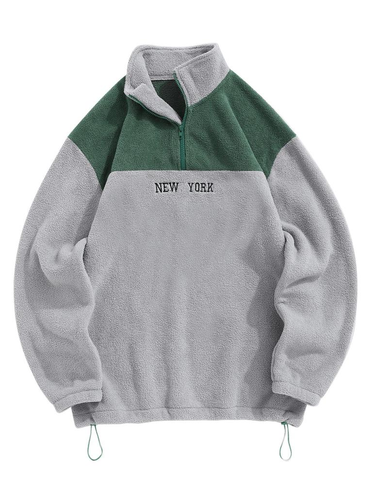 ZAFUL Men's Two Tone Colorblock NEW YORK Embroidered Quarter Zip Fuzzy Fleece Stand Collar Pullover Sweatshirt