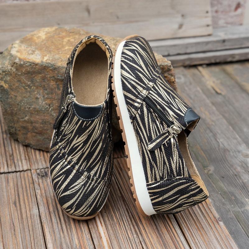 Women's Flat Shoes Autumn New Round Head Color Combination Deep Mouth Side Zipper Soft Sole Non-slip Low Top Shoes