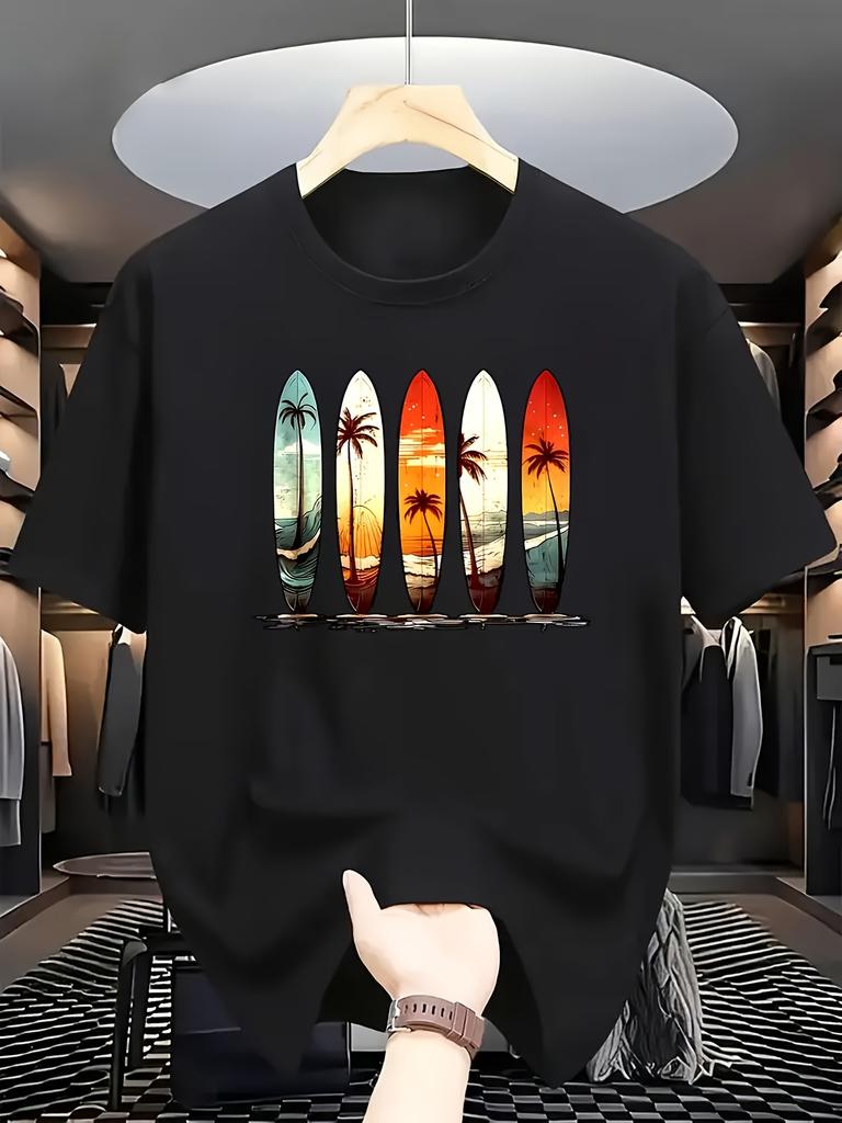Summer 100 Pure Cotton Unisexs Fashionable Casual Surfboard And Palm Tree Pattern Printed Loose Round Neck Short Sleeved Tshirt