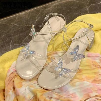 Damen Sandalen mit dicken Absätzen und Diamanten, runde Zehenpartie, Schmetterlings-High-Heels, Strass, rutschfeste Sandalen mit weicher Sohle