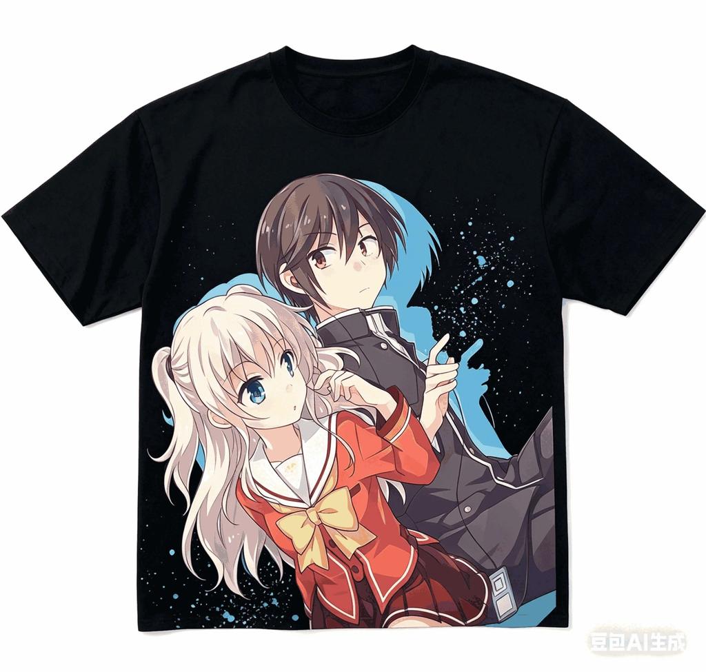 Trendy Vintage Charlotte Anime Yuu Otosaka and Nao Tomori Black Cotton Unisex Casual Graphic Women And Men T-shirt