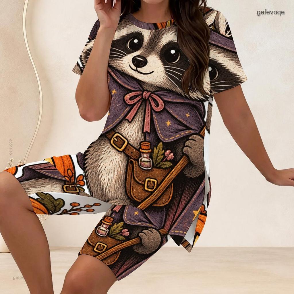 Women Plus Size Two Piece Set Crow Pumpkin Rose Print Round Neck Short Sleeve Split Top Knee Length Pants