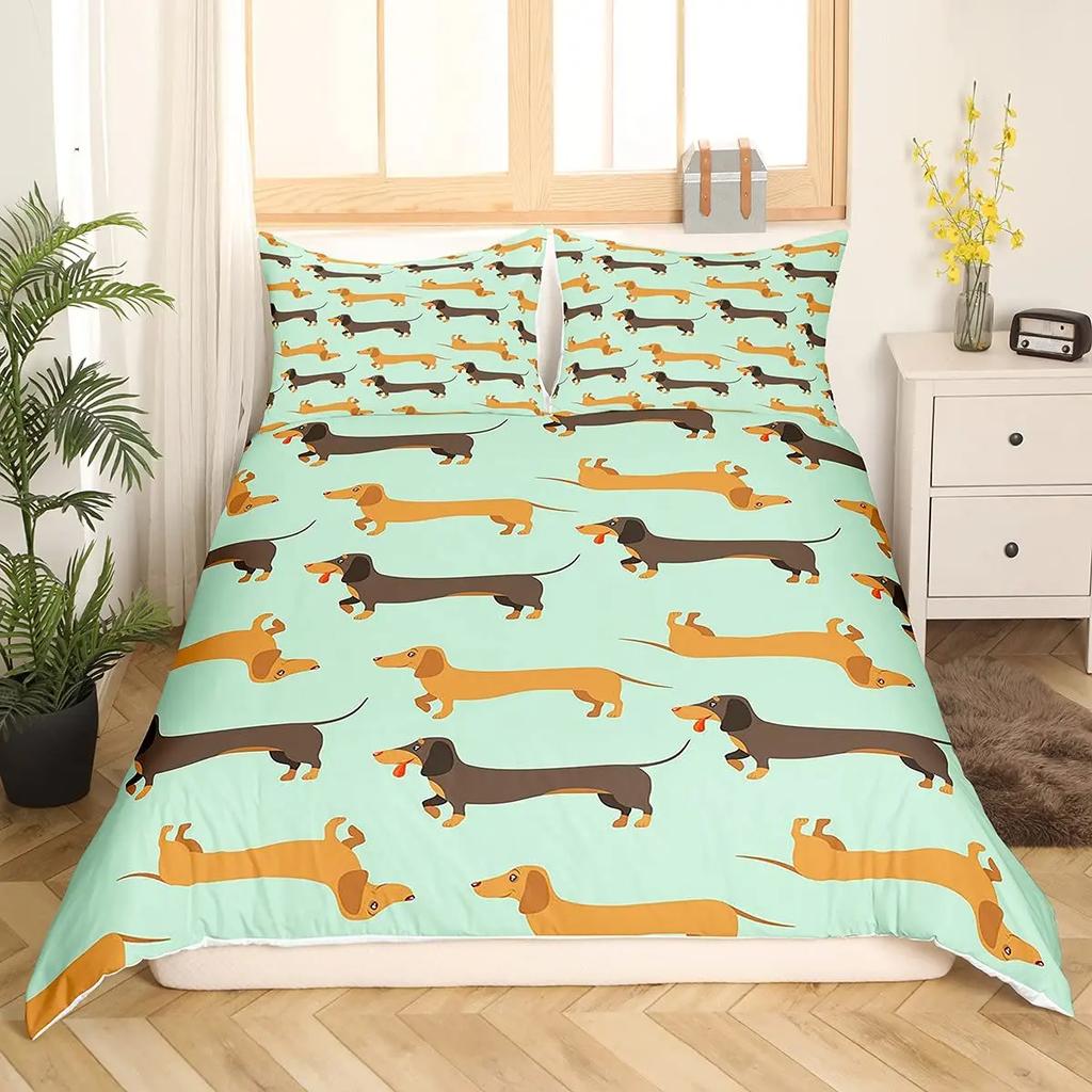 Cartoon Dachshund Bedding Set Cute Sausage Dog Duvet Cover Set Pet Puppy Printed Comforter Cover Animal Polyester Quilt Cover