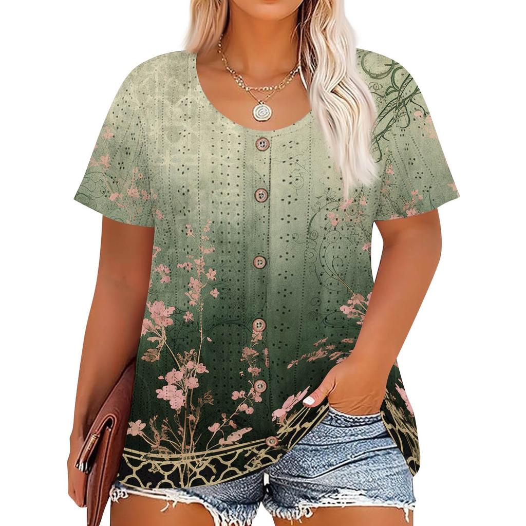 Plus Size Women's Fashion Casual Vintage Printed O-Neck Short Sleeve Button T-Shirt Top