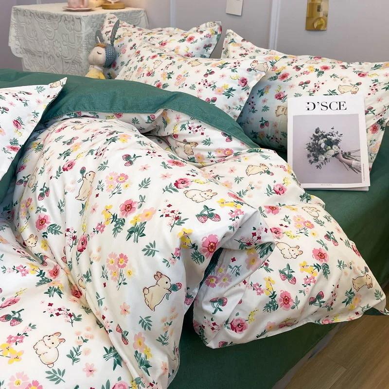Kawaii Cherry Duvet Cover Set Pillowcase Flat Sheet Floral Boys Girls Twin Full Size Soft Bedding Kit Korean Ins Style Home Use