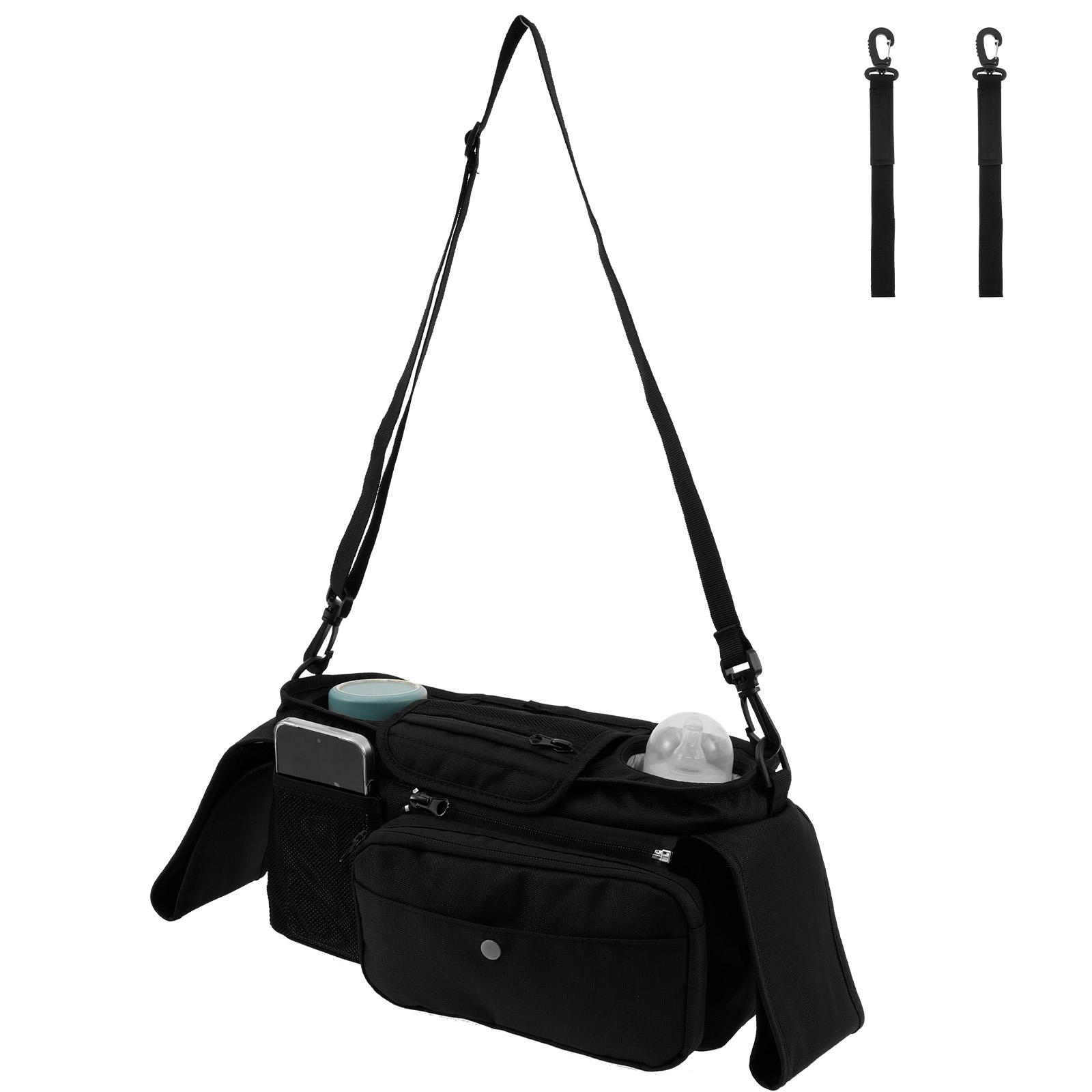 

Органайзер для коляски большой вместимости с 2 термоподстаканниками, полиэстеровый органайзер для коляски, регулируемый плечевой ремень для путешествий чёрный