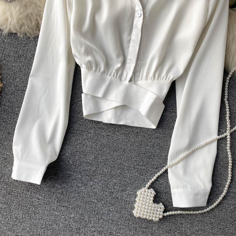 Spring French Design Sense Elegant Shirt Women Aesthetic Elastic Belt Waist Slim Short Blouse Female New Fashion Solid Retro Shirt Joker