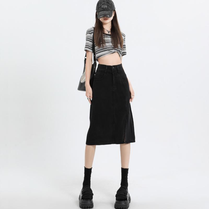 Spring and Summer Silk Denim Skirt for Women In Women's Summer New Black High Waist with Front Slit To Show Temperament