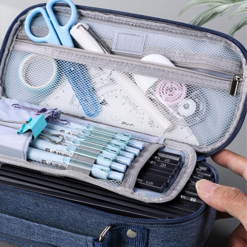 High Capacity Pen Case with Handle 5 Section Canvas Pencil Case Large Pencil Pouches Travel Cosmetic Bag 24x8.5x11cm
