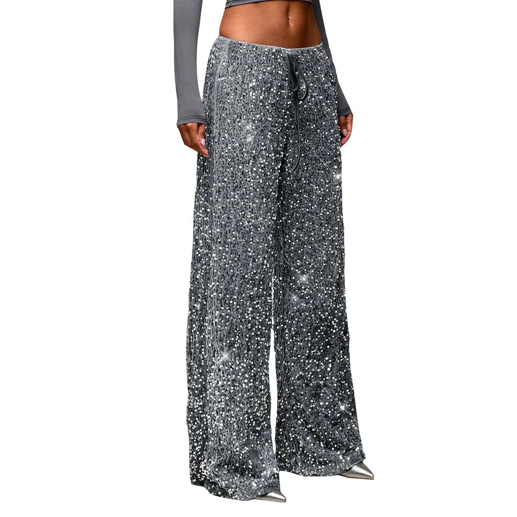 Women's Adult Sequined Fashion Drawstring Slimming Stretch Straight Leg Pants