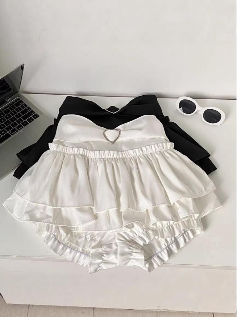 Sweetheart Double Layer Ruffle Skirt Pants with Elastic Waist