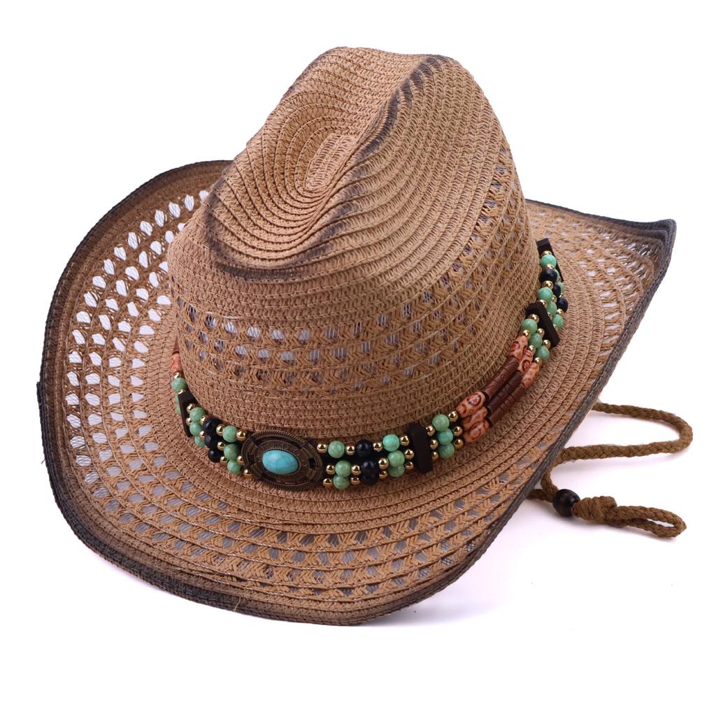 Wood Bead Accessories Western Cowboy Straw Hat Summer Outdoor Hollow Breathable Sun Hat European and American Fashion Jazz Hat