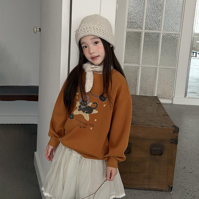 Kids Girls Casual Cartoon Print Thick Pullover Hoodless Sweatshirt Top