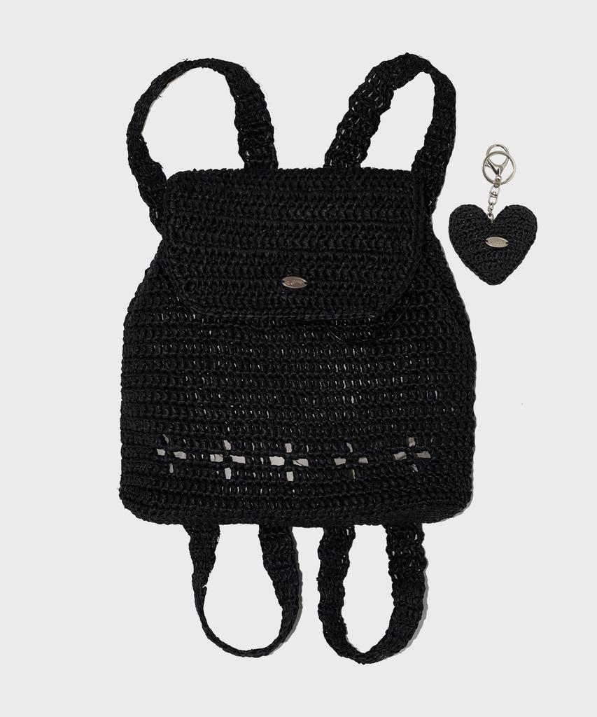 Slowslowly Lily Handmade Crochet Raffia Backpack (+Gift Heart Keyring Included) _ Black