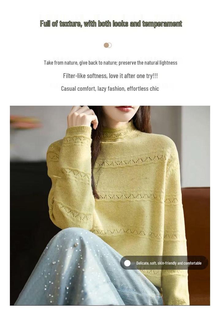Women's Rhinestone Hollow Crochet Half-High Collar Sweater - Autumn/Winter Knitwear Top