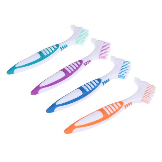 Dwustronna szczoteczka do protez zębowych Ergonomiczny uchwyt Plastikowe włosie wielowarstwowe Sztuczne zęby Szczoteczka do pielęgnacji jamy ustnej do użytku domowego