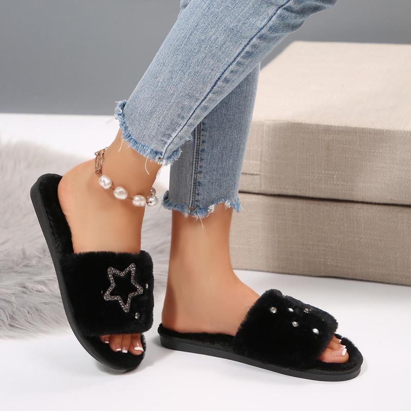 Fashion Punk Glitter Star Decoration Cotton Slides Women 2025 Winter Warm Short Plush Flat Heel Slippers Comfort Soft Indoor Slipper