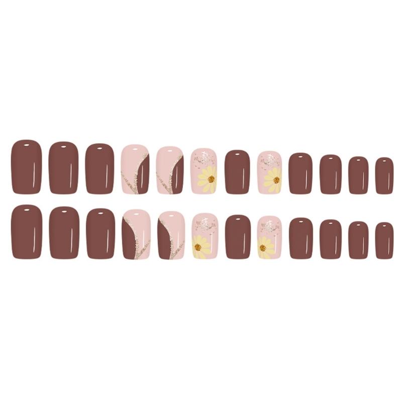 Easy Apply Press On Nail Dark Brown Floral Artwork Breathable Non Toxic Nail Enhancement For Office Parties Weddings Holidays