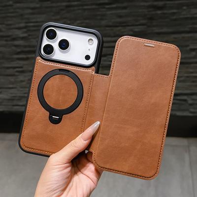 Magnetické kožené pouzdro typu flip pro iPhone 17 s otočným stojánkem, ochrana celého obvodu pro modely Apple 16 Pro Max a 15, 14.