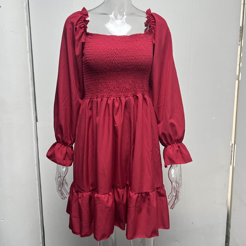 2025 French Minimalist Square-Neck Dress Long-Sleeve High-Waisted Bodycon Dress with Flounced Hem