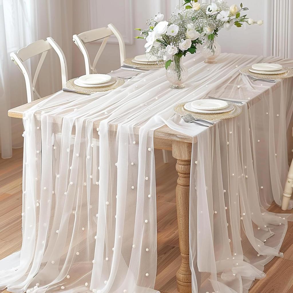 White Pearl Table Runner Tulle Fabric Lace Tablecloth Beaded Pearl Table Cover Mesh Sheer Table Cloth for Bridal Shower Birthday Party Wedding Arch